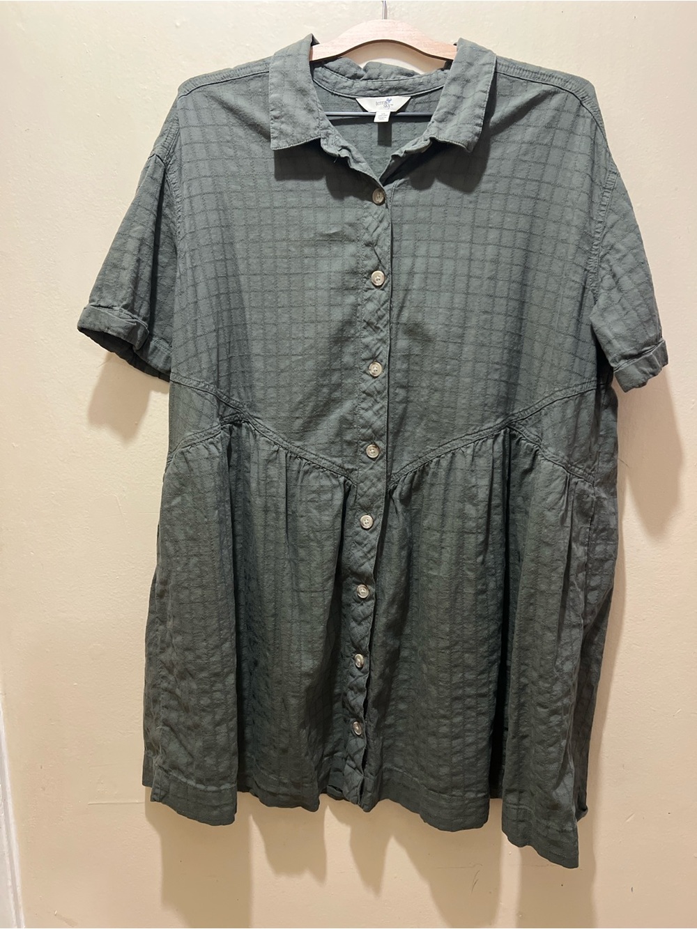 Terra & Sky Women's Plus Size [Size:1X] Gathered Waist Shirtdress- Olive Green